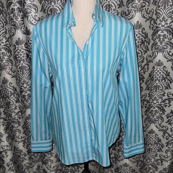 Chaps Turquoise Blue White Striped Button Down Shirt - Picture 1 of 2